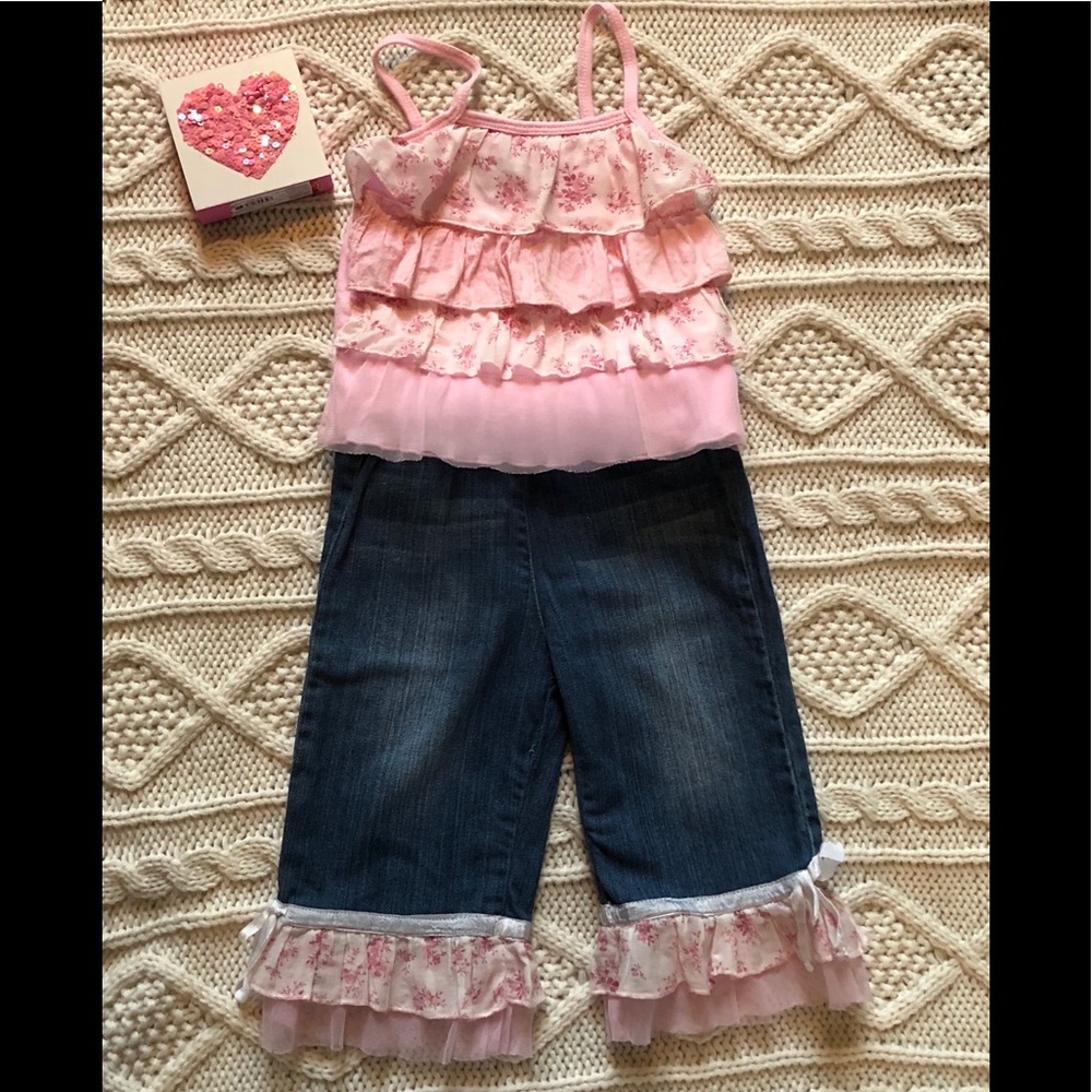 EUC-precious pink and cream tank and ruffled jeans